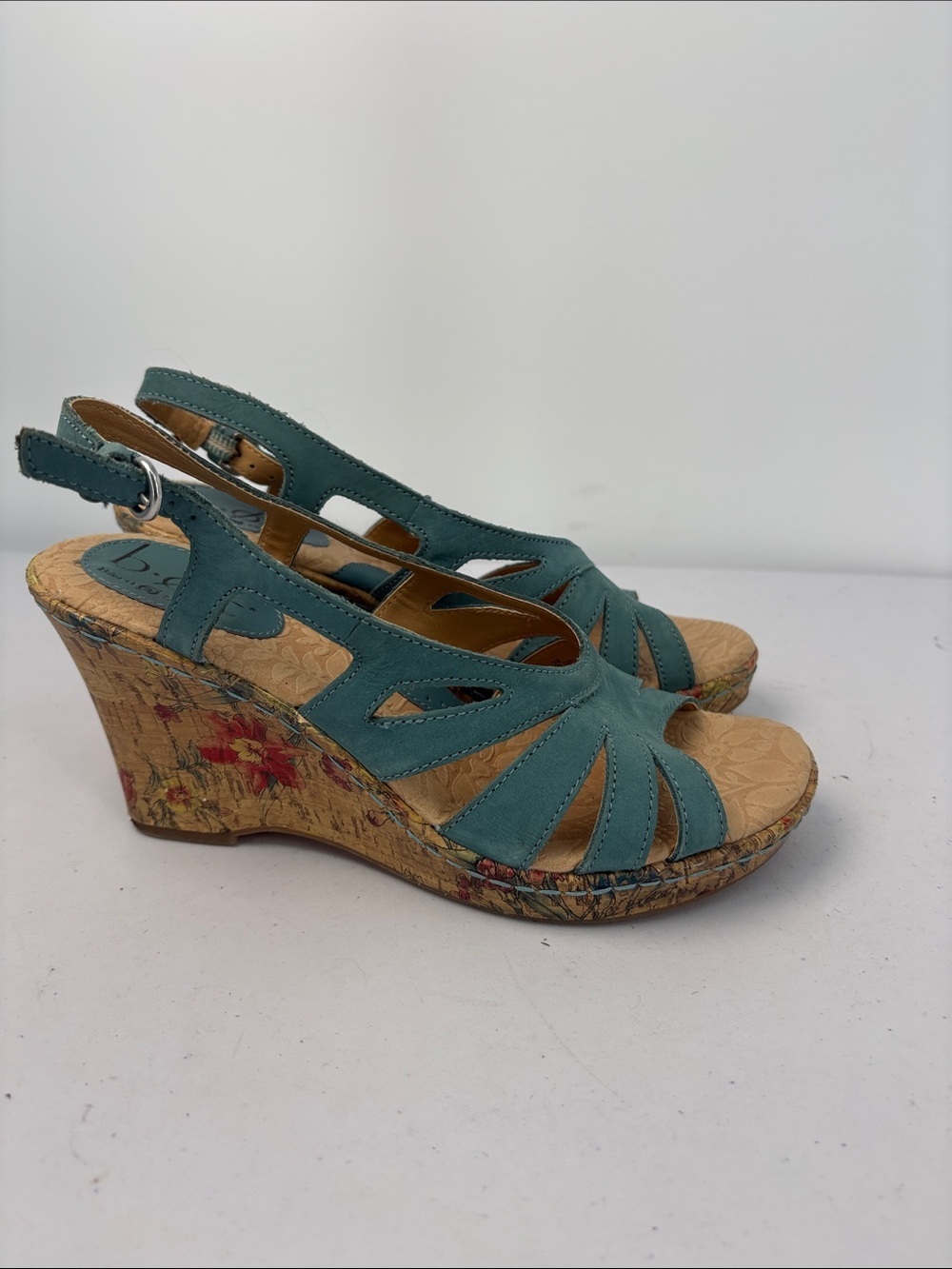 🫒 boc Teal Open-Toe Slingback Wedge Sandals with Floral Cork Heel